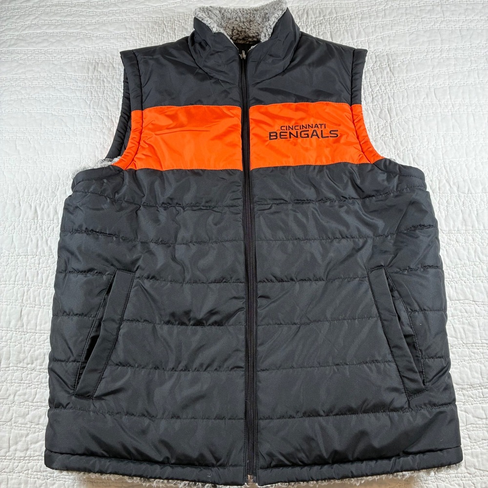 NFL Cincinnati Bengals Vest Men Large Black Orange Reversible Sherpa Puffer Team